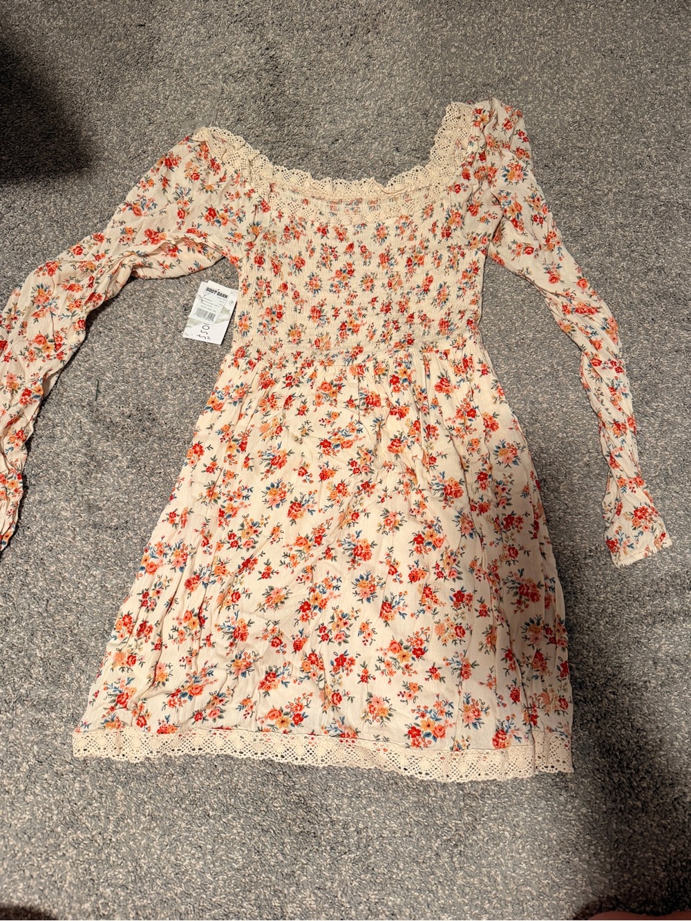Womens Cream Floral Smocked Lace Dress